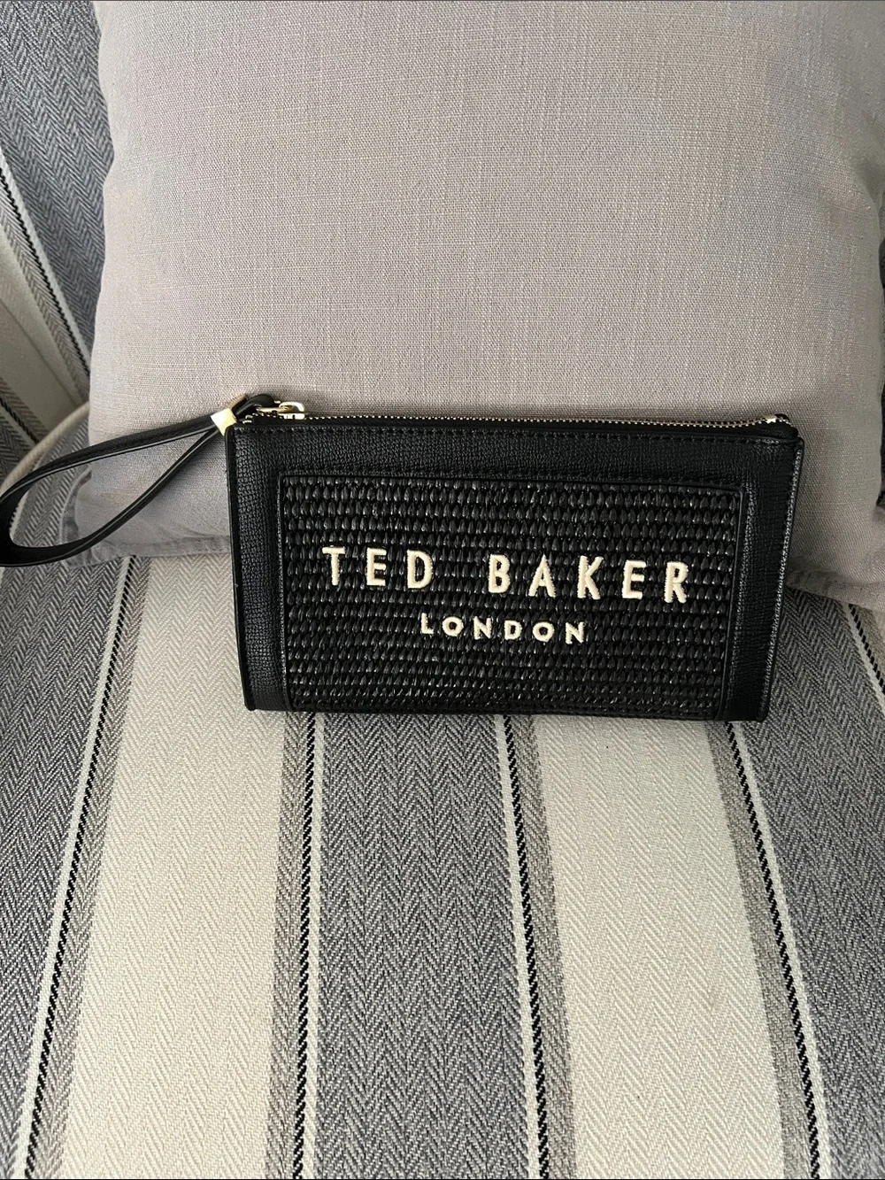 Ted Baker Black Woven Logo Zip Wristlet with Gold Hardware